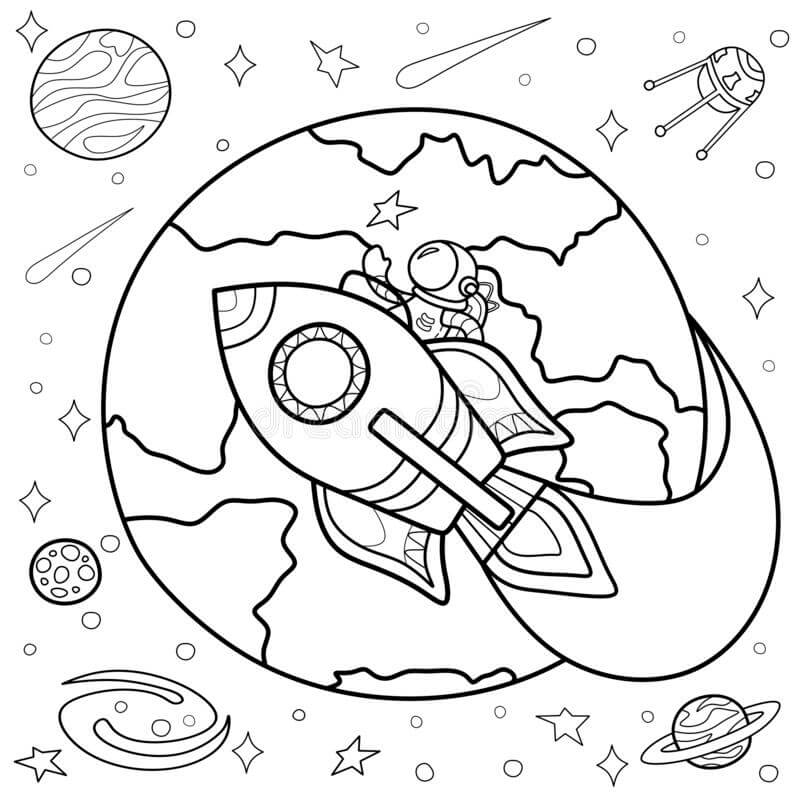 Astronauta em Foguete no Espaço para colorir, imprimir e desenhar